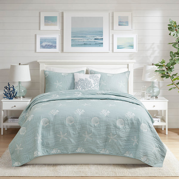 JLA Home Harbor House Blue - 4 Coastal Cotton Reversible Quilt Set with Embroidered Starfish, Shells & OEKO-TEX Safety, Soft Prewashed Aqua HH13-1548