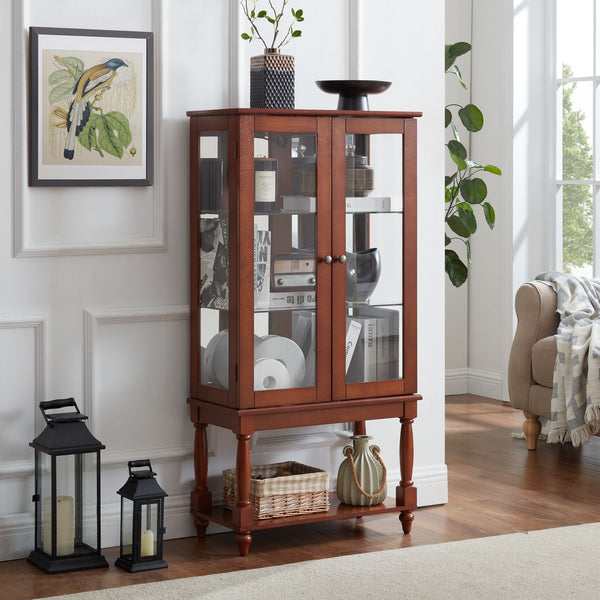 English Elm Curio Lighted Display Cabinet with Mirrored Back, Tempered Glass Doors, Solid Wood Legs, Compact Walnut W1693P216941