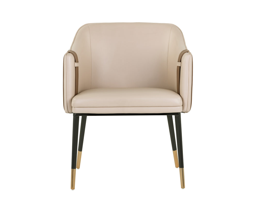 Sunpan Carter Barrel Back Dining Armchair in Faux Leather with Stylish Copper Foot Caps and Steel Legs Napa Beige / Napa Tan