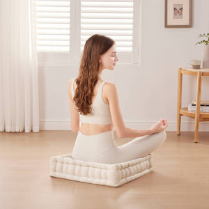 JLA Home Intelligent Design - Poly Chenille Square Floor Pillow Cushion — Soft Ivory Tufted 20x20x6, Scalloped Edge, OEKO‑TEX Comfort ID31-1525