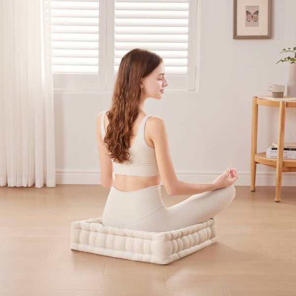 JLA Home Intelligent Design - Poly Chenille Square Floor Pillow Cushion — Soft Ivory Tufted 20x20x6, Scalloped Edge, OEKO‑TEX Comfort ID31-1525