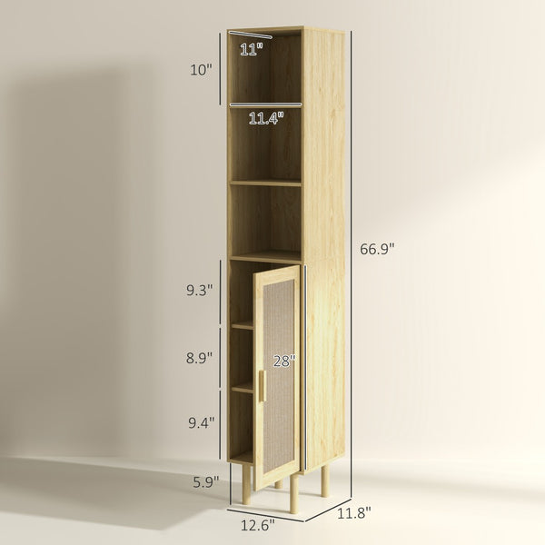 English Elm Nordic Tall Bathroom Storage Cabinet with Woven Rattan Doors and Open Shelving T3971P430664