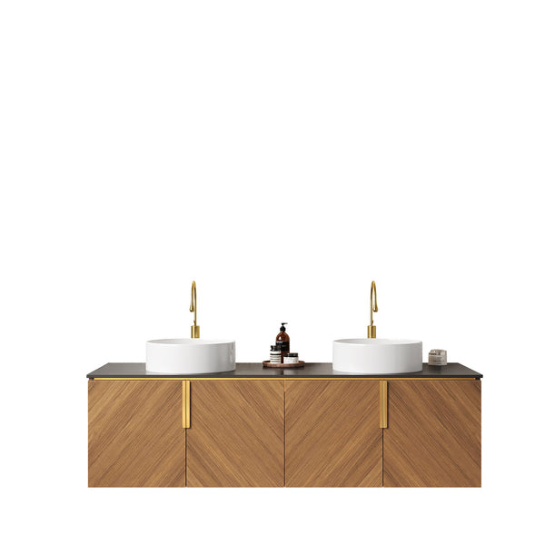 English Elm ARAI 60" Bathroom Vanity with Dual Ceramic Vessel Sinks, Sintered Stone Top, Plywood Storage Cabinet with Soft-Close Doors and Brushed Gold Handles Black,Brown Oak,White W2615S00159