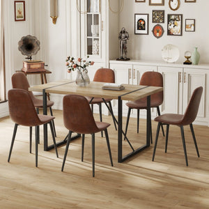 English Elm Table And Chair Set: Modern Medieval Dining Ensemble With 6 Ergonomic Brown Techno-Fabric Chairs W1151S04213-GIGA