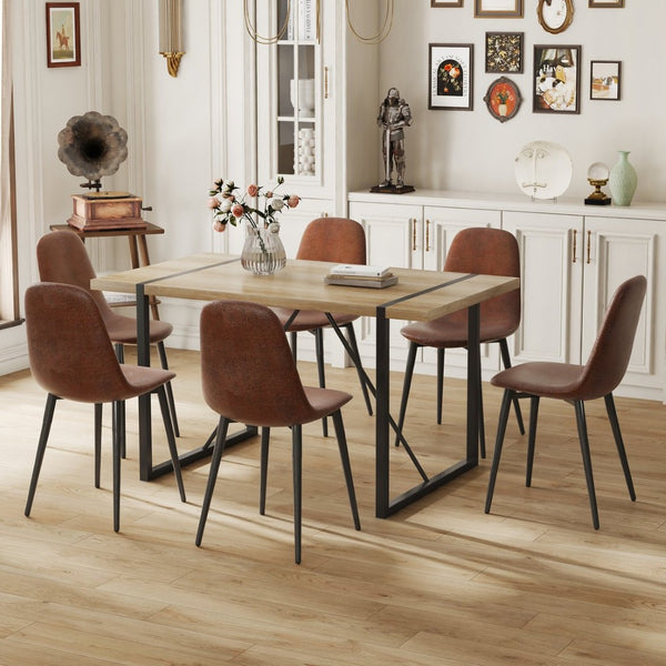 English Elm Table And Chair Set: Modern Medieval Dining Ensemble With 6 Ergonomic Brown Techno-Fabric Chairs W1151S04213-GIGA