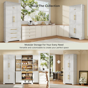 English Elm K&k Farmhouse Pantry Cabinet Tall Freestanding Kitchen Storage with Drawers Shelves White N707P356567W