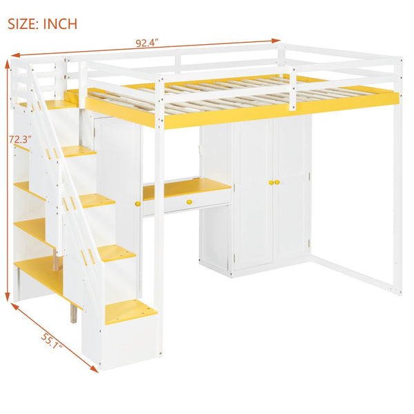 English Elm Full Size Teen Loft Bed with Staircase Shelves Wardrobe Vanity and Led Lighting LT000276AAL