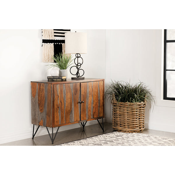 English Elm Komomo Sheesham Grey Buffet Cabinet with 1 Adjustable Shelf, Oatmeal Gold Accents & Dimmer Lighting B062P344888