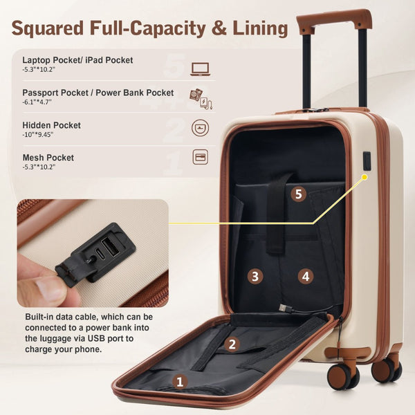 English Elm Luggage 5 Piece Hardside Abs Set with Front Access Carry on and Tsa Spinner Wheels Brown+White N732P391544K