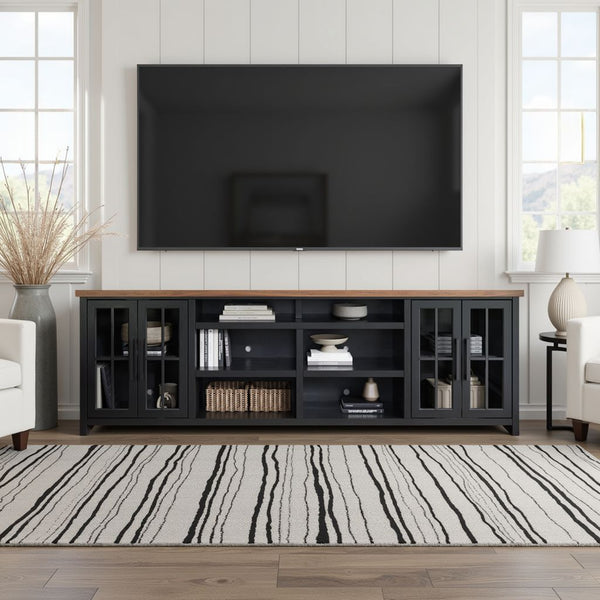 English Elm 96 Inch TV Stand Console - Two-Tone Black & Whiskey Farmhouse Entertainment Center, Preassembled, Fits 100" TVs, Glass Doors, Cable Management B108P160147