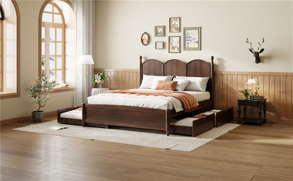 English Elm Queen Size Platform Bed With Twin Xl Trundle & 2 Spacious Drawers - Elegant Walnut Design Upgrade N820S00025D-GIGA