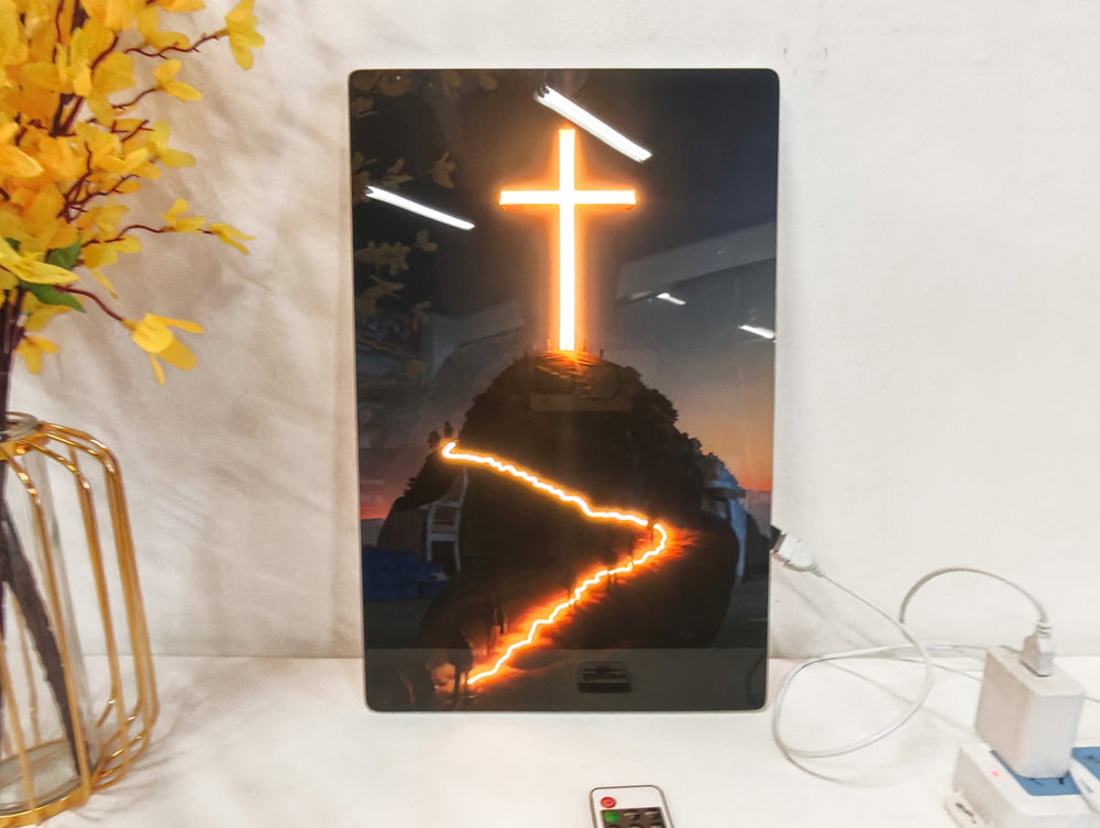 English Elm 24X16 Christian Cross Led Wall Art - Illuminated Acrylic Decor With Remote For Modern Spaces & Reflection T3976P383256