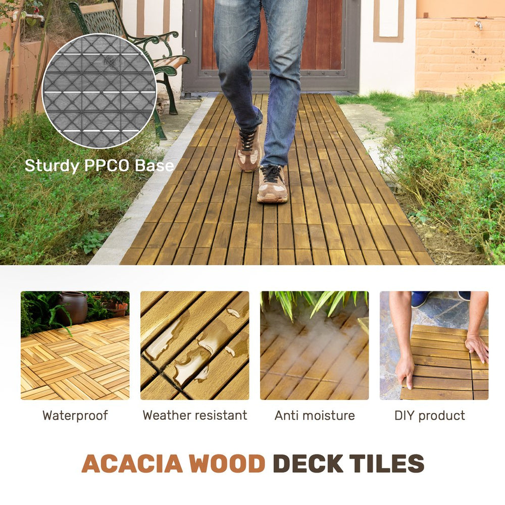 English Elm 30 Interlocking Deck Tiles 12" Square Acacia Hardwood Striped Outdoor Flooring Waterproof DIY Teak+Yellow W2391P276697