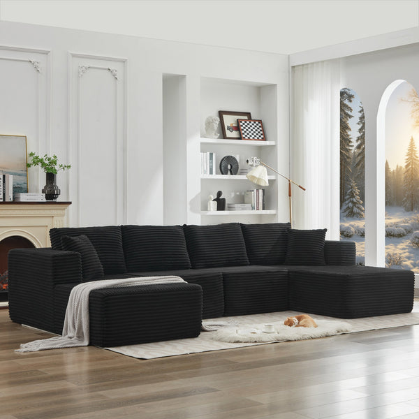 English Elm 106" Cloud Sectional Couch - Modern Double Chaise Sofa In Black Plush Corduroy, No Assembly Needed! W1143S00030