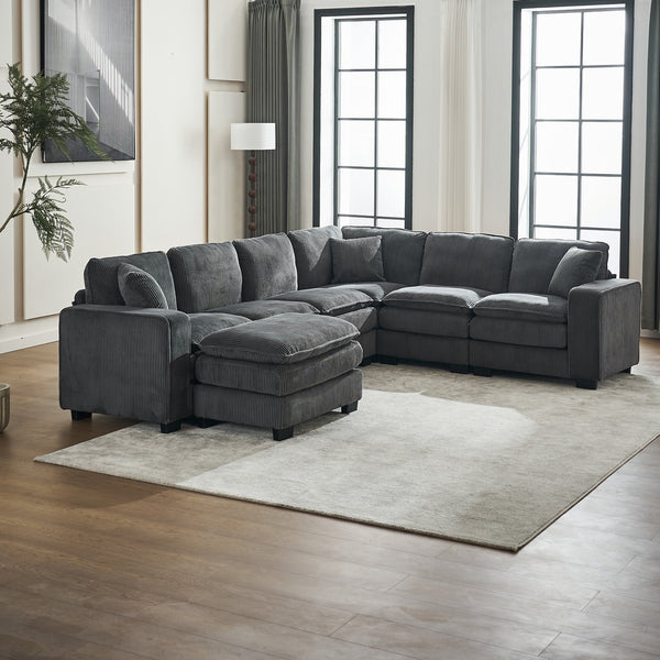 English Elm Modern U Shaped 6-Seat Sectional Sofa with Ottoman and 3 Toss Pillows, Corduroy Modular Comfort and Durable Frame Grey W2363S00041