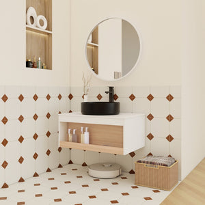 English Elm 30" Floating Wall Mount Bathroom Vanity Open Shelf Ceramic Vessel Sink Modern White Black,White + Light Oak W3450S00057