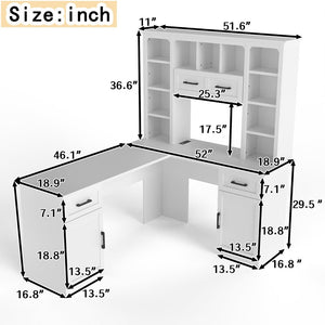 English Elm L-shaped Home Office Desk with Open Shelves Flip Shelf Cabinets and Drawer Storage White W1580S00492