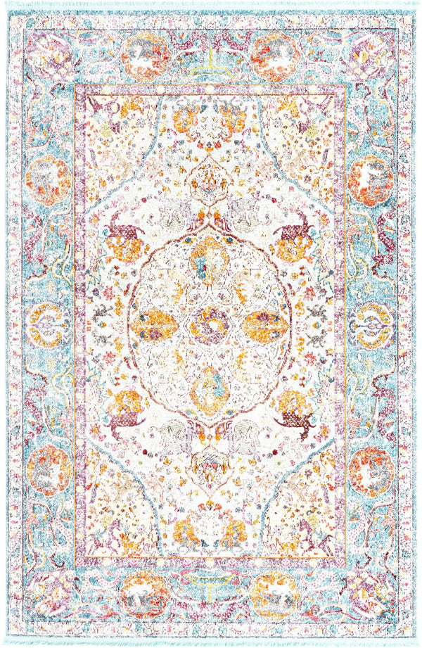 Unique Loom Baracoa Rumba Machine Made Border Rug Light Blue, Cream/Gold/Orange/Purple/Red 6' 1" x 9' 0"