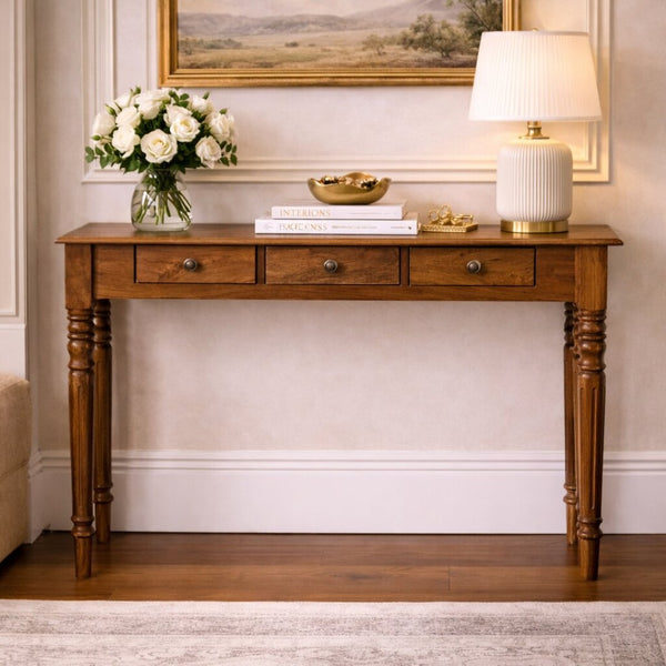 English Elm Solid Mango Wood Console Table Three Drawers Turned Legs Warm Honey Entryway Storage B182P480112