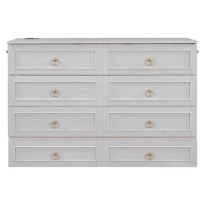 English Elm Queen Murphy Wall Bed with Rattan Panel Cabinet and Storage Drawers for Studio Rooms White LP000676AAK