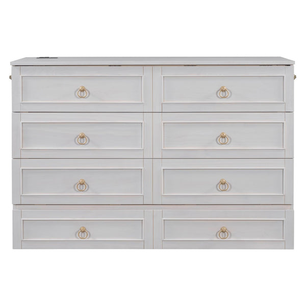 English Elm Queen Murphy Wall Bed with Rattan Panel Cabinet and Storage Drawers for Studio Rooms White LP000676AAK