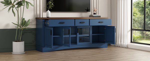 English Elm Christopher Knight Home® - Modern Blue TV Stand 67" with Walnut Top, Glass Door Center, 3 Drawers & Adjustable Shelves for Storage and Media Organization N779P296233B