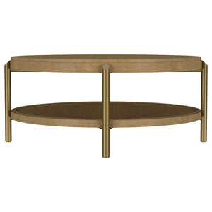 English Elm Benson Round Coffee Table with Rattan Shelf Brass Legs and Bold Matte Finish Sand B062P440110