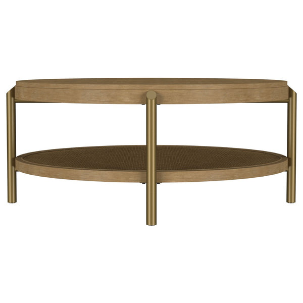 English Elm Benson Round Coffee Table with Rattan Shelf Brass Legs and Bold Matte Finish Sand B062P440110