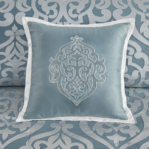 English Elm 8 Piece Jacquard Comforter Set - Luxurious Aqua/Silver Queen Ensemble For Elegant Bedroom Makeover B035128882
