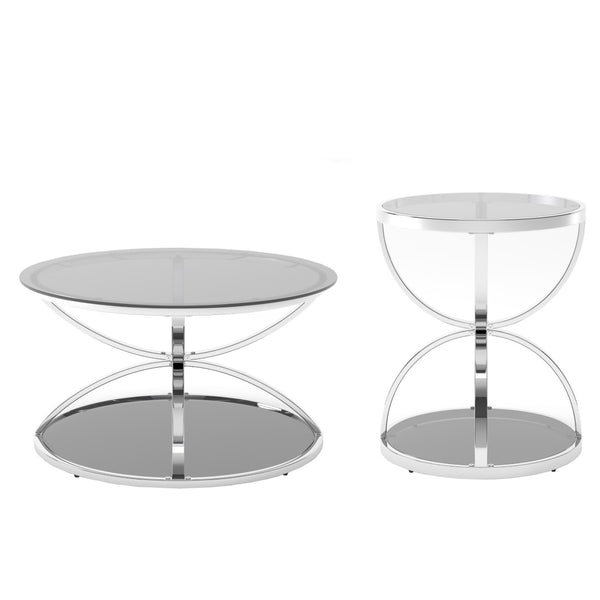 English Elm Modern Chrome Ring Frame Round Glass Coffee Table Set Two Tiers for Living Room W757S00056