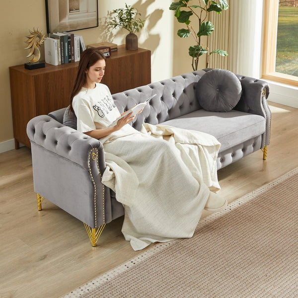 English Elm Velvet Chesterfield Tufted Sofa with Copper Stud Trim and Gold Legs for Glam Living Grey W834S00633