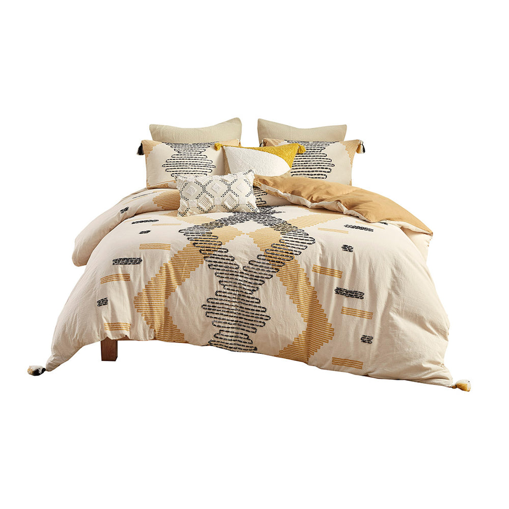 JLA Home INK+IVY - 3 Piece Cotton Duvet Cover Set with Yellow-Grey Geometric Print, Tassels, Reversible Solid Back, Breathable Cotton II12-1114