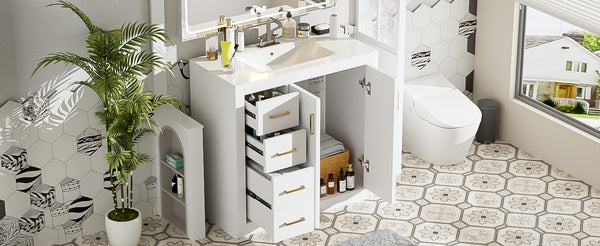 English Elm 36'' Bathroom Vanity with Ceramic Sink Combo, Solid Wood Frame, Soft-Close Drawers and Stylish Retro Groove Design White N710P291684K