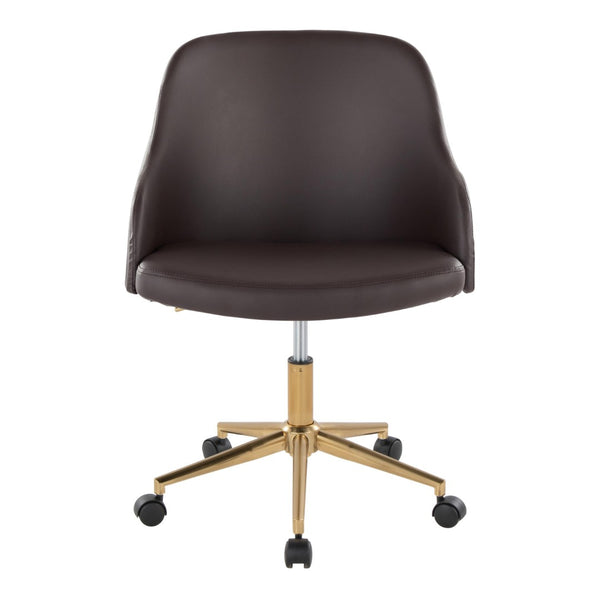 English Elm Office Chair with Walnut Frame Gold Base and Brown Faux Leather Mid-century Swivel B202P474167