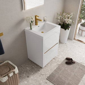 English Elm Freestanding Glossy White Vanity with Stone Resin Sink and Soft Close Storage Drawers W1573S00070