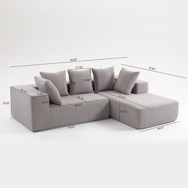 English Elm Full Foam Modular L-shaped Sectional Sofa Flannelette Upholstered with Five Throw Pillows Grey W3326S00023