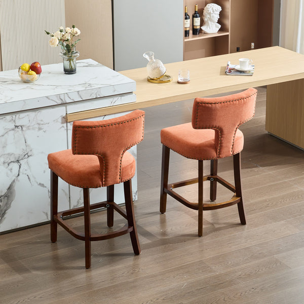 English Elm Mid Curved Backrest Bar Stools Set of 2 with Copper Nail Trim, High-Density Foam & Walnut Legs Orange W1143P296349