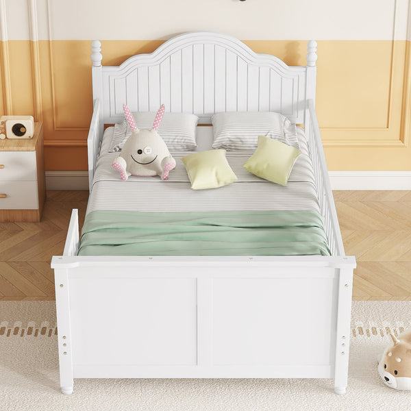 English Elm Twin Solid Wood Platform Bed with Guardrail for Kids, Low-Profile Sturdy Pine Frame, Safe Sleep Solution White 45.75 L x 26 W x 6.5 H W2593P339596