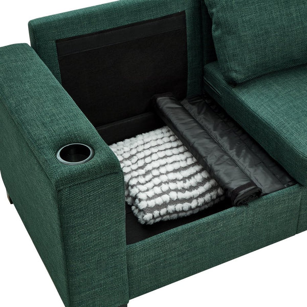 English Elm 67.7" Modern Loveseat Sofa with Cup Holders and Hidden Storage, Polyester Upholstery, Solid Wood Frame Green W1097S00193