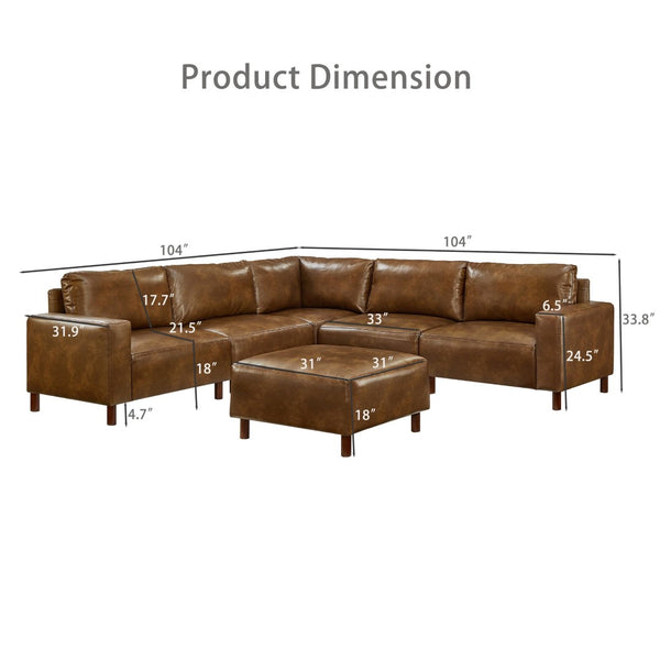 English Elm Modern Modular L-shaped Sectional in Matte Pu Leather with Ottoman Six Piece Brown W1097S00266
