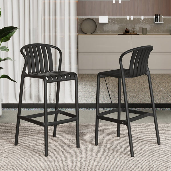 English Elm Outdoor Stackable Armless Barstools Set of 2 Uv Resistant Slat Back Patio Seating Black N780P199452B