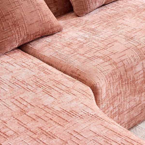 English Elm Pink chenille L-shaped sofa with high-elastic sponge, curved armrests, 4 throw pillows, 900lb capacity W3612S00018
