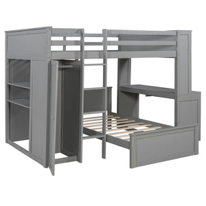 English Elm Full Twin Loft Bed with Desk Wardrobe Shelves Pine Wood Frame Kids Bedroom Gray LT000821AAE-1