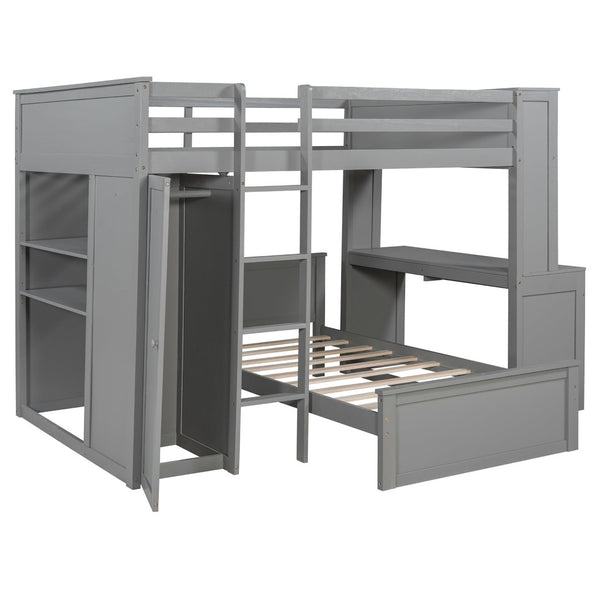 English Elm Full Twin Loft Bed with Desk Wardrobe Shelves Pine Wood Frame Kids Bedroom Gray LT000821AAE-1