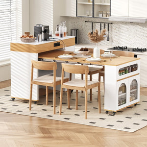 English Elm Trexm Rolling Kitchen Island Extendable Marble Top Cabinet Drawers Power Outlet Creamy White,Natural XW000029AAN