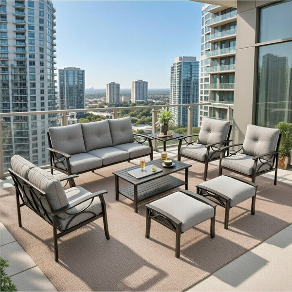 English Elm 8-piece Outdoor Conversation Set 9 Seat Steel Patio Sofa with Thick Cushions Tables Gray B082S00124