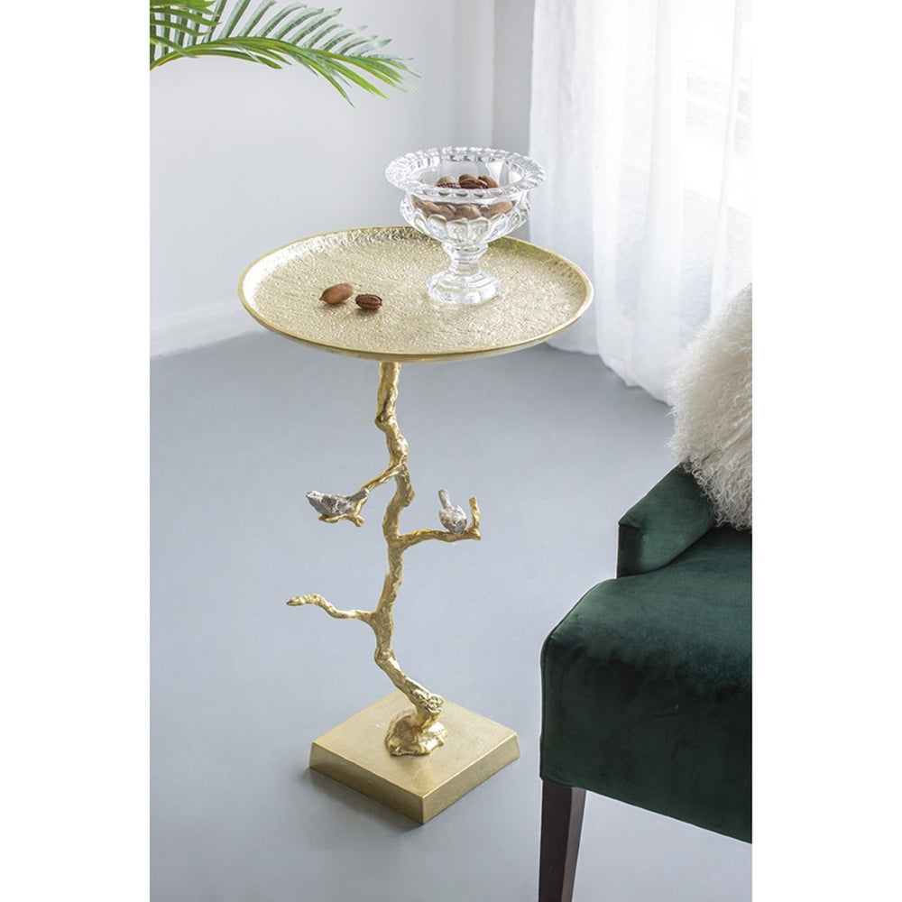English Elm 16.9x16.9x28" Round Aluminum Side Table Sculptural Bird Branch Art Deco Accent W2078P485327