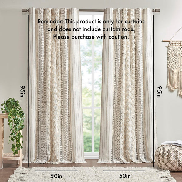 English Elm Cotton Imani Printed Curtain Panel with Chenille Stripe, Lined Privacy, Geometric Ivory 50x95" B035129660
