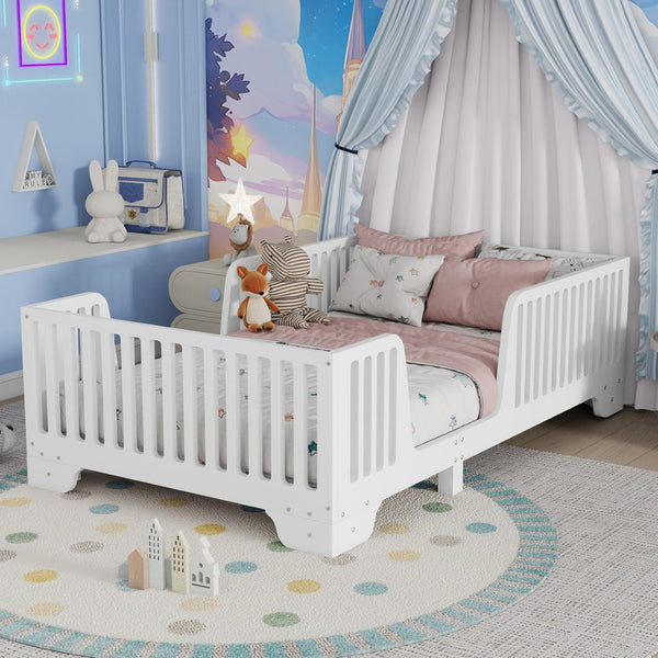 English Elm Twin Montessori Floor Bed with Safety Rails Hinged Door and Plywood Slats for Kids White W2593P381112