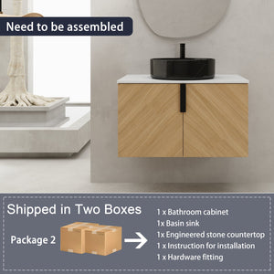 English Elm 30" Bathroom Vanity With Wall-Mounted Design, Ceramic Vessel Sink & Soft-Close Doors For Modern Homes W999S00447